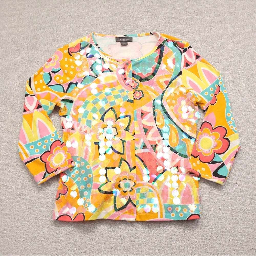 Vintage Colorful Floral Abstract Print Top with Sequins by Mendocino
